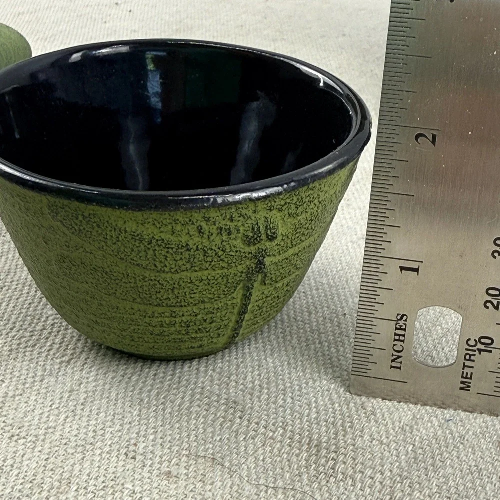 Set of 5 Japanese Cast Iron Dragonfly Tea Cups and Saucers Green Enamel Lining